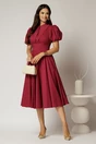 Rochie DY Fashion midi magenta din poplin cu guler ascutit si maneci scurte bufante, 3, dyfashion.ro