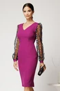 Rochie DY Fashion midi magenta din stofa conica cu maneci din dantela, 1, dyfashion.ro