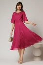 Rochie DY Fashion midi magenta din voal in clos cu fir lurex si accesoriu la decolteu, 3, dyfashion.ro