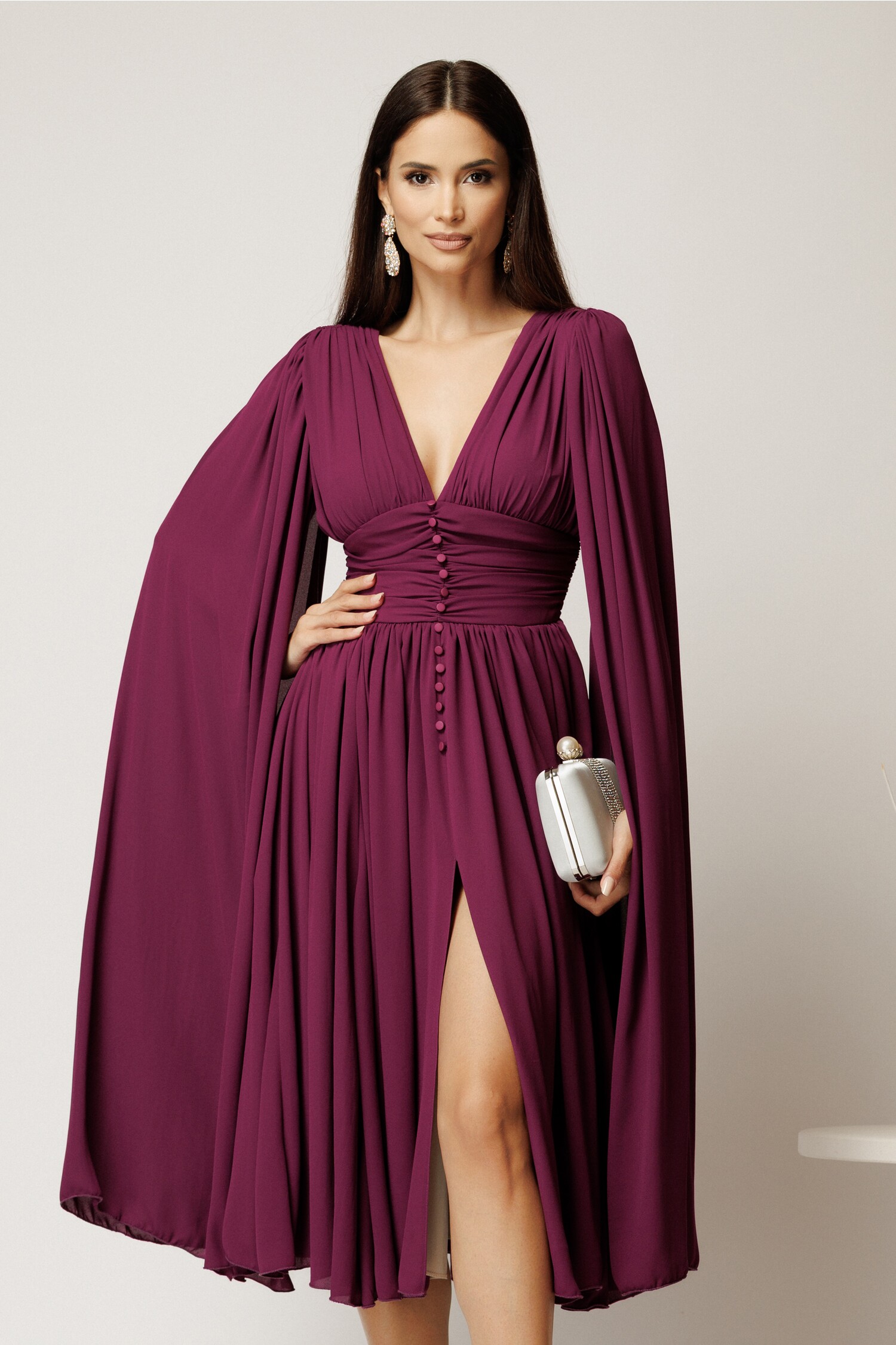 Rochie DY Fashion midi magenta din voal in clos cu nasturi si maneci ample