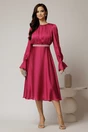 Rochie DY Fashion midi magenta din voal satinat in clos cu perle in talie, 3, dyfashion.ro