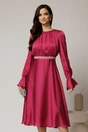 Rochie DY Fashion midi magenta din voal satinat in clos cu perle in talie, 1, dyfashion.ro