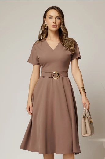 Rochie DY Fashion midi maro cu decolteu in V si curea in talie