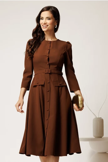 Rochie DY Fashion midi maro din stofa clos cu nasturi si curea