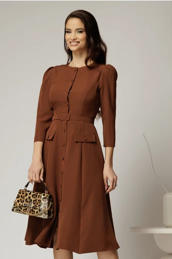Rochie DY Fashion midi maro din stofa clos cu nasturi si curea