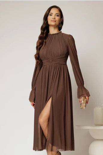 Rochie DY Fashion midi maro din tulle fin in clos cu crapatura pe picior