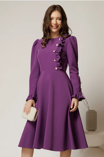 Rochie DY Fashion midi mov cu nasturi si volanase la bust