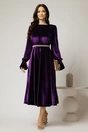 Rochie DY Fashion midi mov din catifea cu perle pe talie, 3, dyfashion.ro