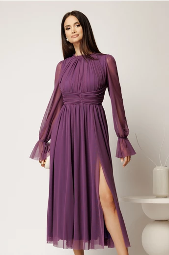 Rochie DY Fashion midi mov din tulle fin in clos cu crapatura pe picior