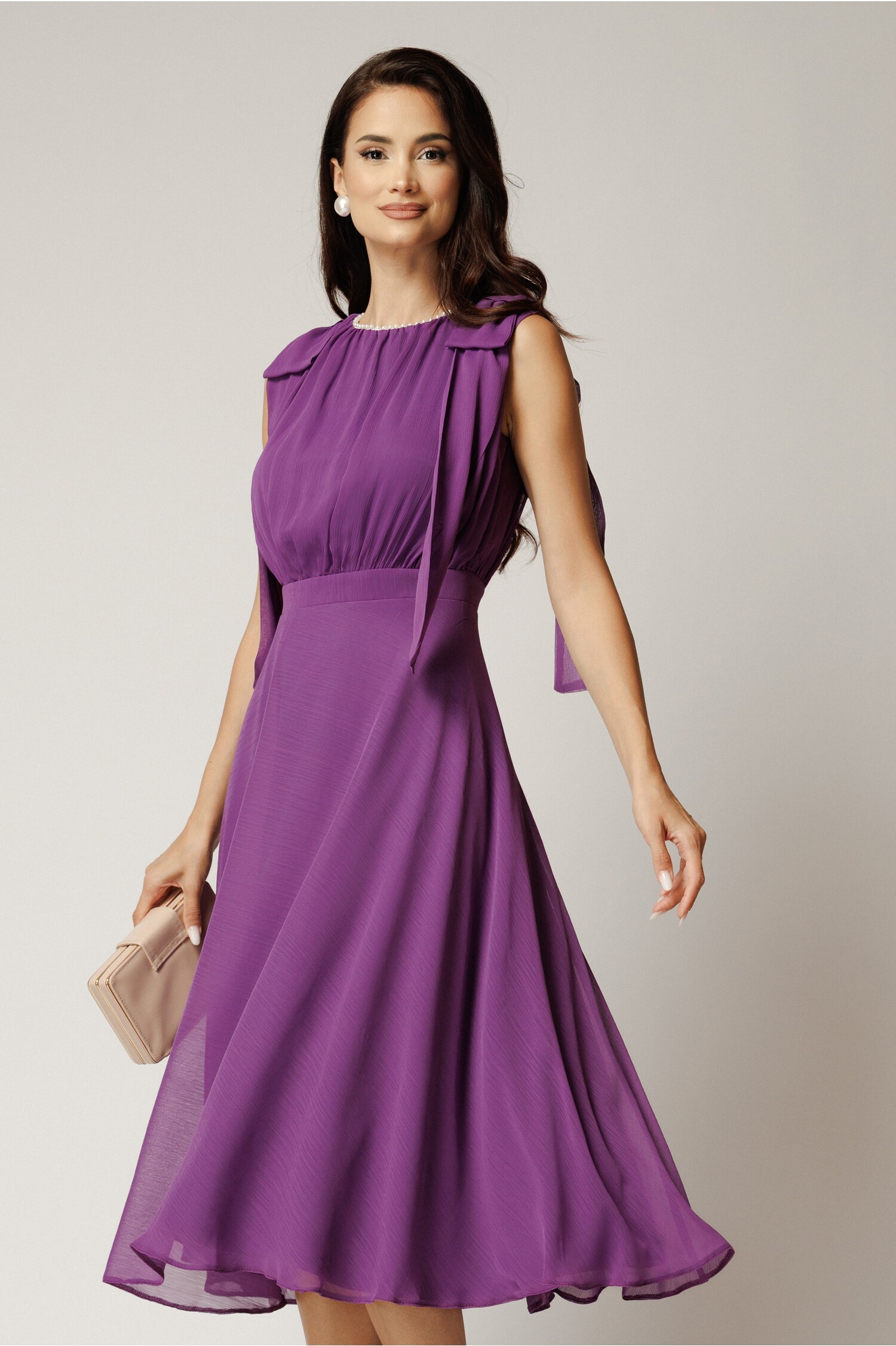 Rochie DY Fashion midi mov din voal in clos cu funde la umeri