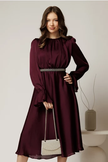 Rochie DY Fashion midi mov pruna din voal satinat in clos cu perle in talie