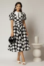 Rochie DY Fashion midi neagra cu buline din poplin cu guer ascutit si maneci scurte bufante, 3, dyfashion.ro