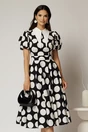 Rochie DY Fashion midi neagra cu buline din poplin cu guer ascutit si maneci scurte bufante, 1, dyfashion.ro