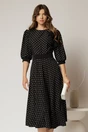 Rochie DY Fashion midi neagra cu buline si funda ampla pe umar, 1, dyfashion.ro