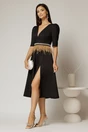 Rochie DY Fashion midi neagra cu cordon cu pene si perle in talie, 3, dyfashion.ro