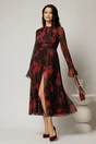 Rochie DY Fashion midi neagra cu imprimeu rosu din tulle fin in clos cu crapatura pe picior, 3, dyfashion.ro