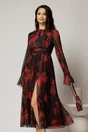 Rochie DY Fashion midi neagra cu imprimeu rosu din tulle fin in clos cu crapatura pe picior, 1, dyfashion.ro