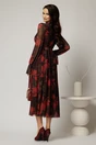 Rochie DY Fashion midi neagra cu imprimeu rosu din tulle fin in clos cu crapatura pe picior, 2, dyfashion.ro