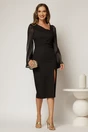 Rochie DY Fashion midi neagra cu maneci din voal ample si decolteu asimetric, 3, dyfashion.ro