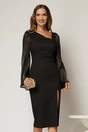 Rochie DY Fashion midi neagra cu maneci din voal ample si decolteu asimetric, 1, dyfashion.ro