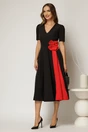Rochie DY Fashion midi neagra de ocazie cu floare rosie in talie, 3, dyfashion.ro