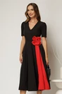 Rochie DY Fashion midi neagra de ocazie cu floare rosie in talie, 1, dyfashion.ro