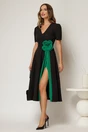 Rochie DY Fashion midi neagra de ocazie cu floare verde in talie, 3, dyfashion.ro