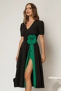 Rochie DY Fashion midi neagra de ocazie cu floare verde in talie, 1, dyfashion.ro