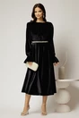 Rochie DY Fashion midi neagra din catifea cu perle pe talie, 3, dyfashion.ro