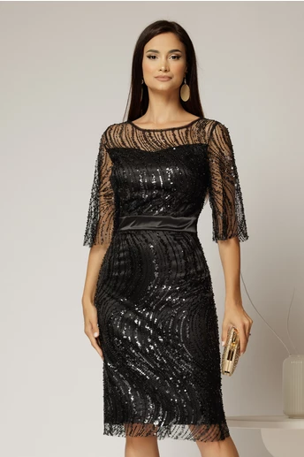 Rochie DY Fashion midi neagra din paiete si margele elegante