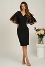 Rochie DY Fashion midi neagra din stofa conica cu maneci cu insertii catilefate maro, 4, dyfashion.ro