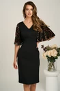 Rochie DY Fashion midi neagra din stofa conica cu maneci cu insertii catilefate maro, 1, dyfashion.ro
