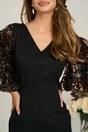 Rochie DY Fashion midi neagra din stofa conica cu maneci cu insertii catilefate maro, 3, dyfashion.ro