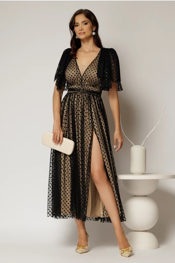Rochie DY Fashion midi neagra din tull cu buline si funde ample pe umeri