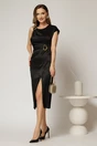 Rochie DY Fashion midi neagra din viscoza conica cu aspect sidefat si accesoriu in talie, 3, dyfashion.ro