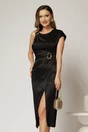Rochie DY Fashion midi neagra din viscoza conica cu aspect sidefat si accesoriu in talie, 1, dyfashion.ro