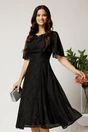 Rochie DY Fashion midi neagra din voal in clos cu fir lurex si accesoriu la decolteu, 1, dyfashion.ro