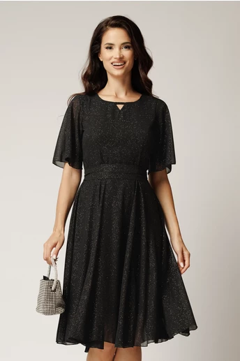 Rochie DY Fashion midi neagra din voal in clos cu glitter si cordon in talie