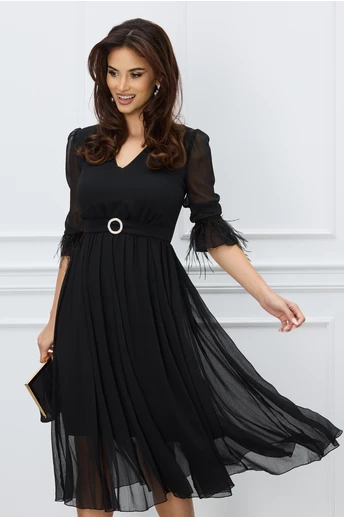 Rochie DY Fashion midi neagra din voal in clos cu pene la maneci si accesoriu in talie