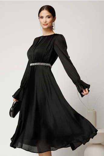 Rochie DY Fashion midi neagra din voal satinat in clos cu perle in talie