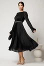 Rochie DY Fashion midi neagra din voal satinat in clos cu perle in talie, 3, dyfashion.ro