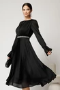 Rochie DY Fashion midi neagra din voal satinat in clos cu perle in talie, 1, dyfashion.ro