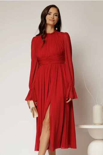 Rochie DY Fashion midi rosu inchis din tulle fin in clos cu crapatura pe picior