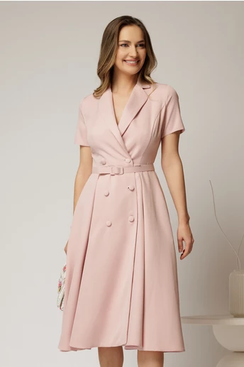 Rochie DY Fashion midi roz cu decolteu petrecut si curea in talie