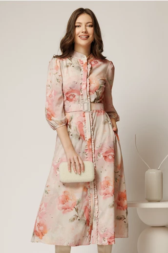 Rochie DY Fashion midi roz deschis cu imprimeu cu maneci bufante si curea in talie