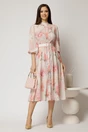 Rochie DY Fashion midi roz deschis cu imprimeu cu maneci bufante si curea in talie, 3, dyfashion.ro