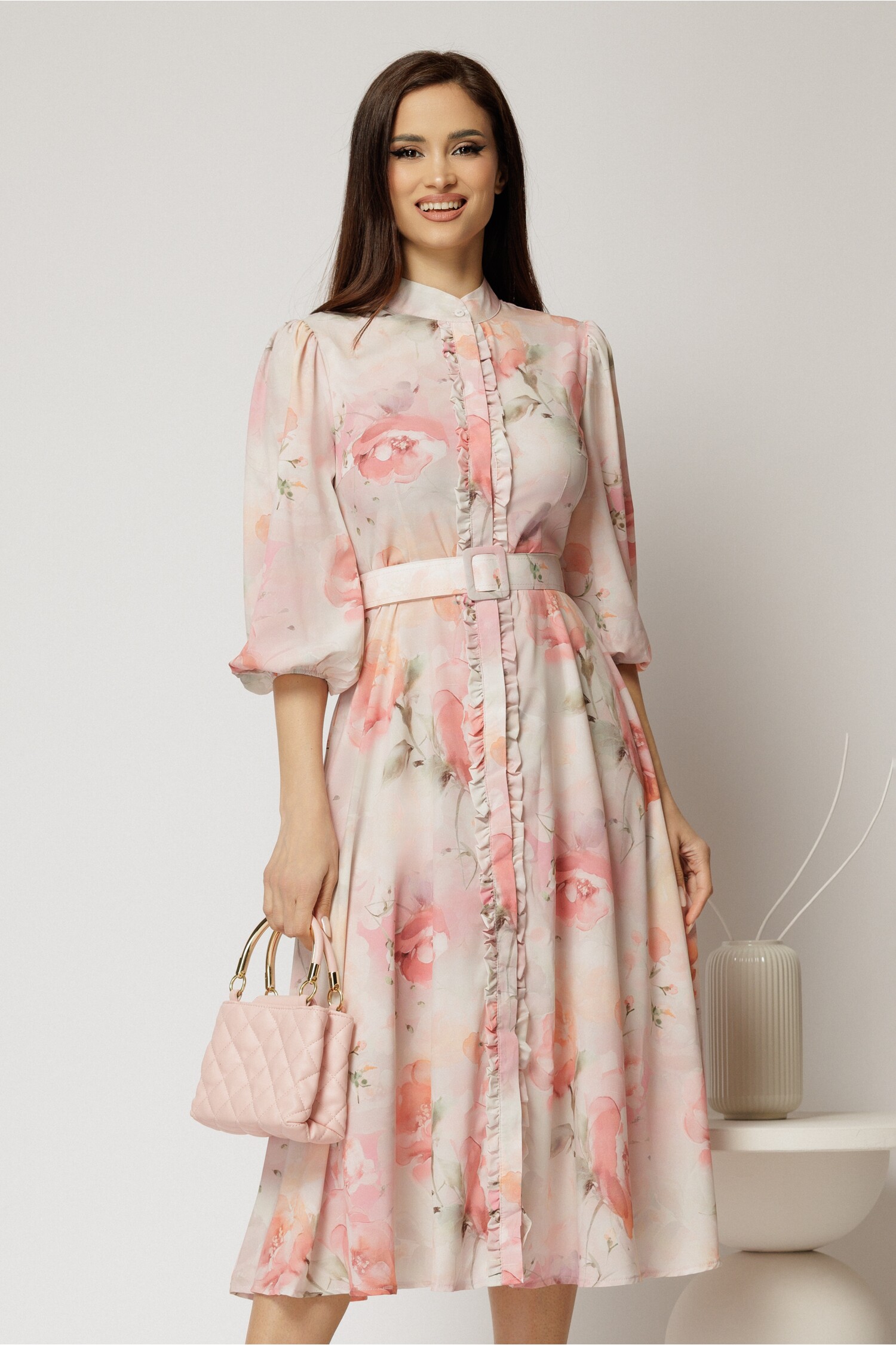 Rochie DY Fashion midi roz deschis cu imprimeu cu maneci bufante si curea in talie