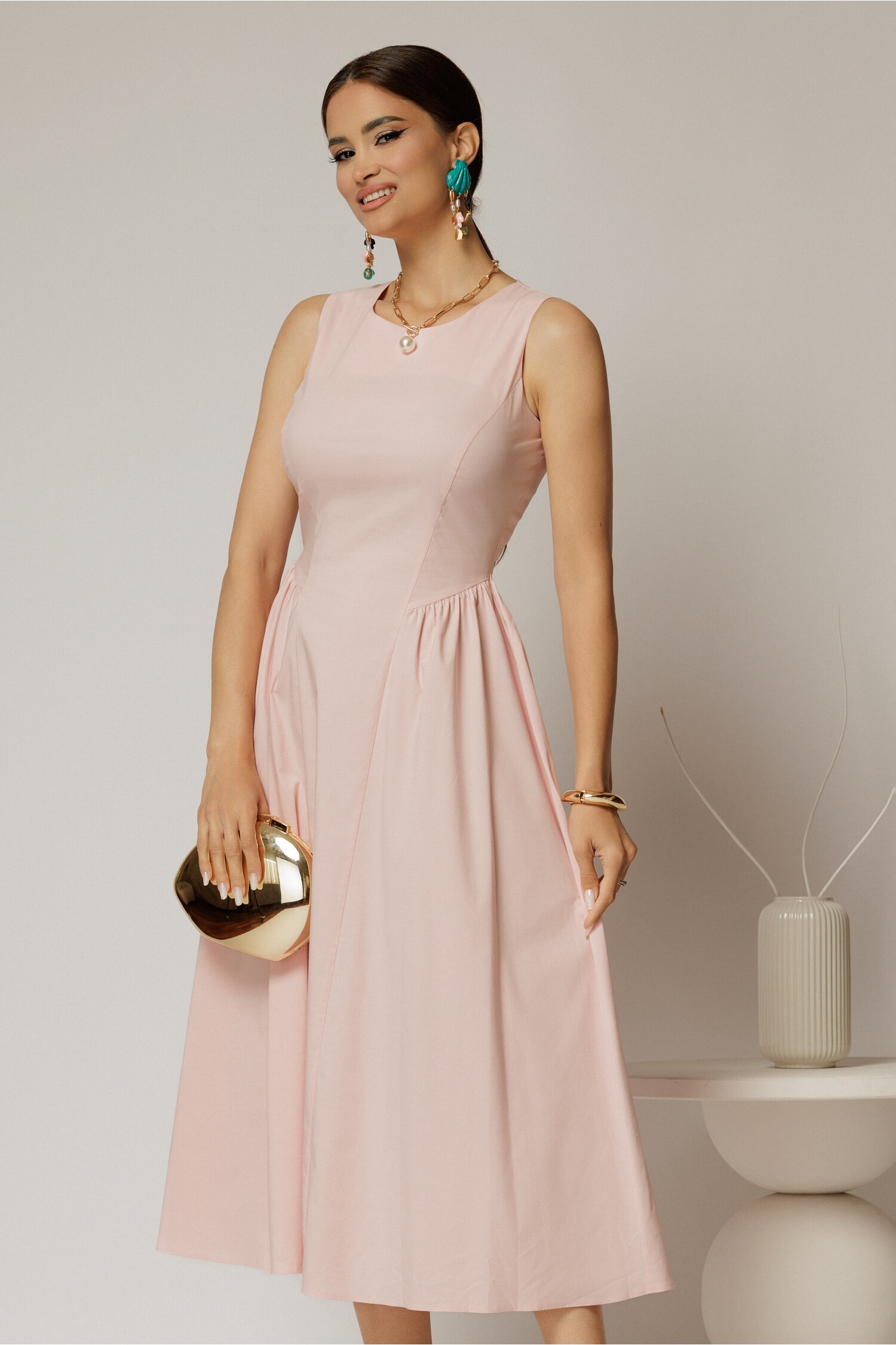 Rochie DY Fashion midi roz din bumbac cu cret pe solduri