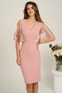 Rochie DY Fashion midi roz din stofa conica cu maneci din dantela, 1, dyfashion.ro