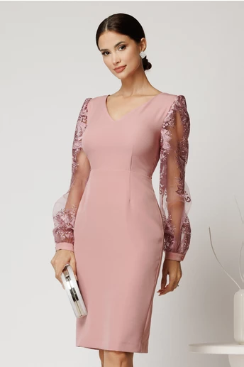 Rochie DY Fashion midi roz din stofa conica cu maneci din dantela